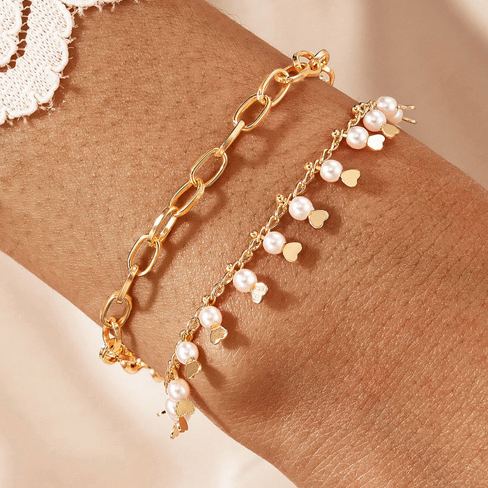 Pearl Bracelet Set - Fashion Tassel Heart Chain Bracelet