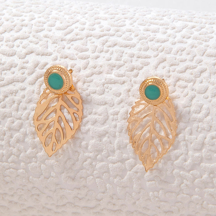 Retro leaf earrings imitation turquoise light luxury temperament earrings