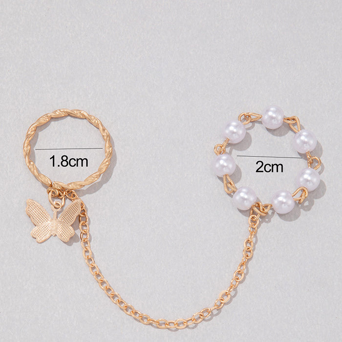 Personalized imitation pearl chain butterfly ring four-piece set