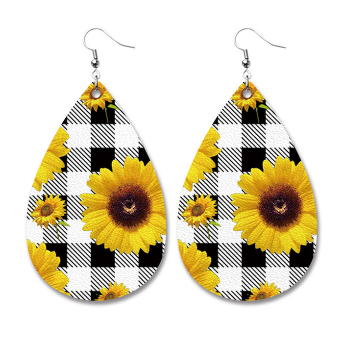 PU Leather Teardrop Earrings with Buffalo Plaid and Sunflower Print