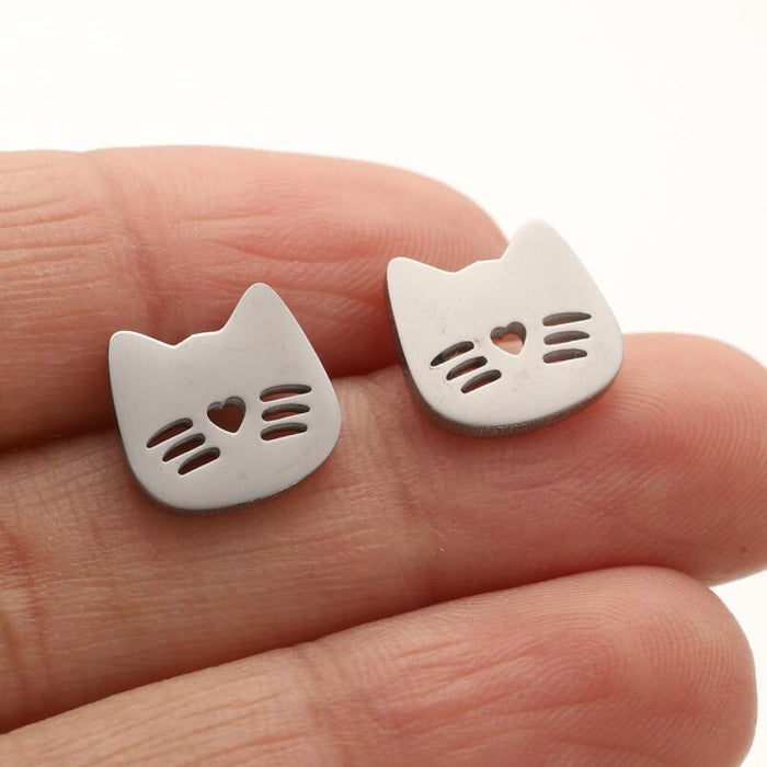 Cat and Heart Hollow Stainless Steel Stud Earrings - Cute and Playful Animal Jewelry