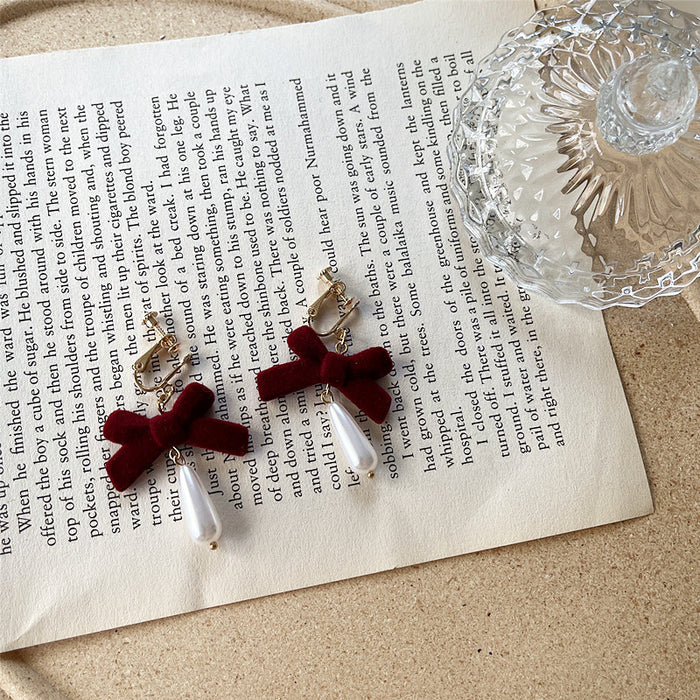 Bow Pearl Earrings Retro Japanese S925 Silver Needle Wine Red Earrings