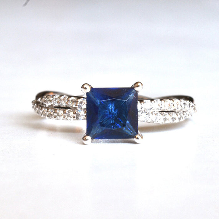 Square blue gemstone ring princess wave design ring