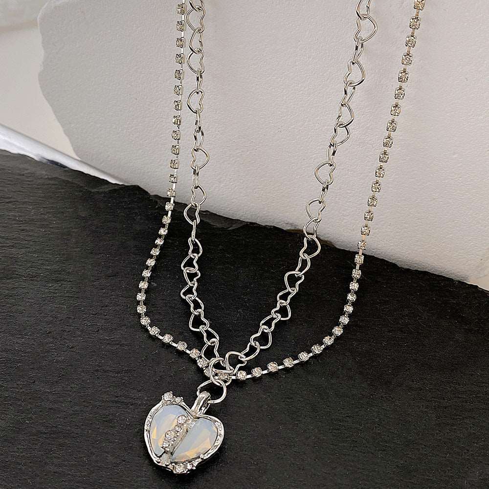 Alloy Heart Silver Micro Set Zircon Necklace