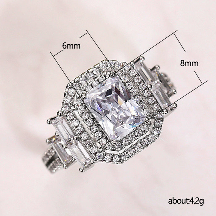 Anillo de circonita cuadrada con diamantes llenos de galvanoplastia para mujer, joyería de comercio exterior