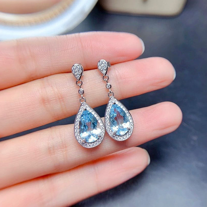 Colored Treasure Water Drop Sea Blue Zircon Earrings Mother's Day Gift