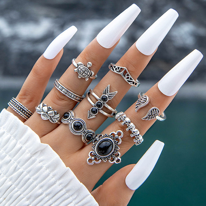 New Vintage Ethnic Gemstone Butterfly Snake Ring Set – Versatile Black Enamel Rings, 10-Piece Collection