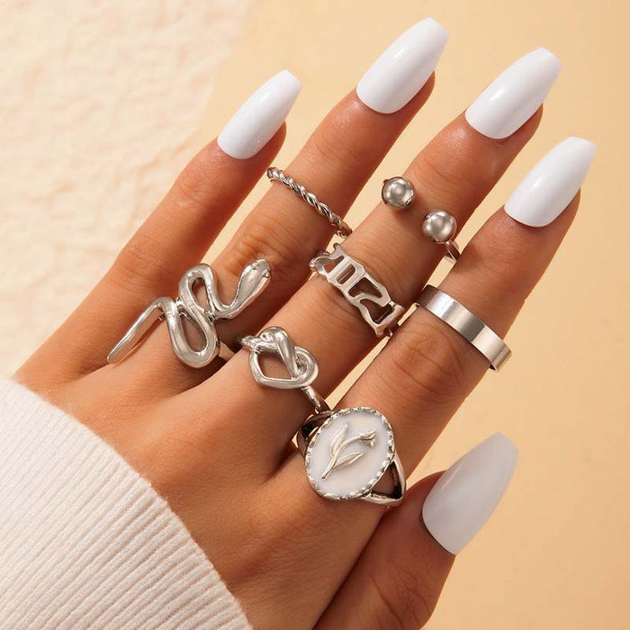 Animal snake shape love heart oil drop flower ring 7 piece set