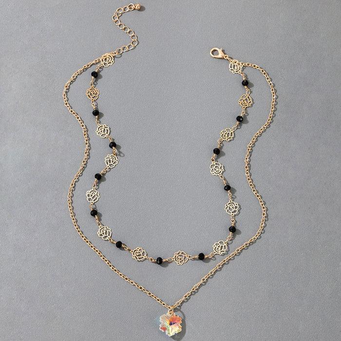 Resin Floral Double Layer Necklace with Hollow Rose Pendant and Beaded Chains