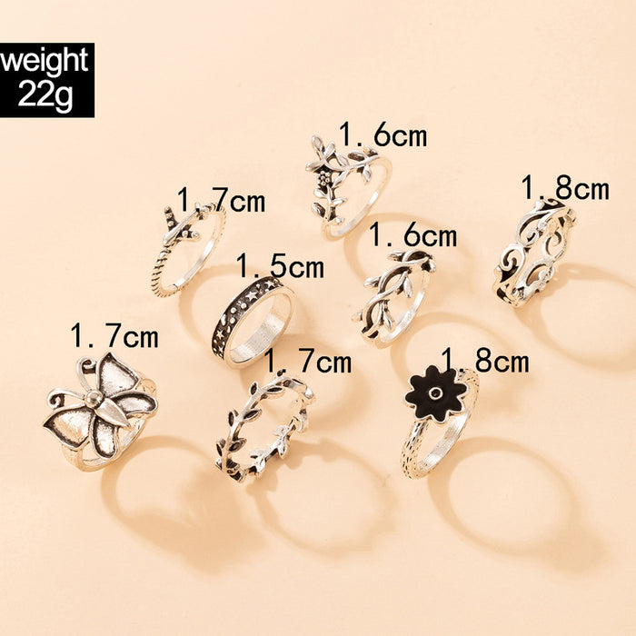 Vintage butterfly leaf eight-piece ring oil drop flower airplane combination