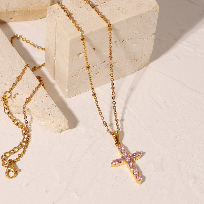 Trendy 18K Gold-Plated Stainless Steel Necklace - Pink Zircon Cross Pendant, Popular Women's Jewelry