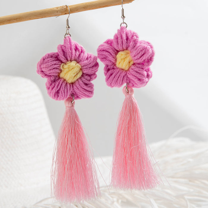 Pendientes de flores de hojaldre tejidos a mano en crochet Pendientes de flores de lana de colores dulces