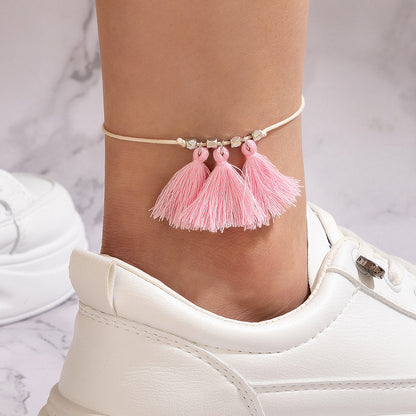 Creative Woven Tassel Anklet with Simple Wax Cord Design