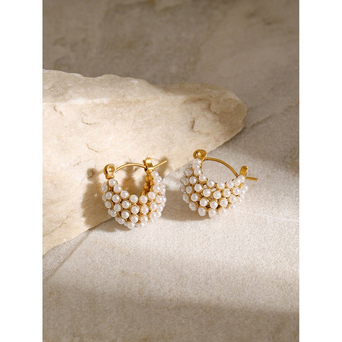 18K Gold Plated Stainless Steel Hollow Basket Zircon Earrings - High-End Design with Pearl Accent