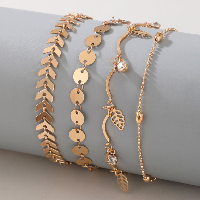 Leaf and Rhinestone Four-Layer Anklet with Geometric Multi-Layer Chain