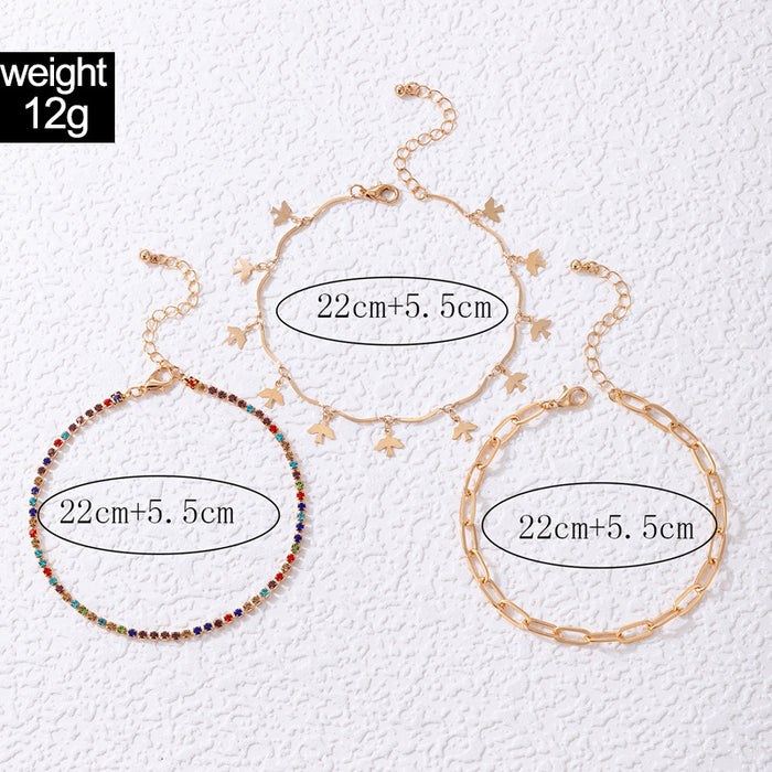 Colorful Crystal Triple-Layer Anklet with Swallow and Alloy Disc Charms