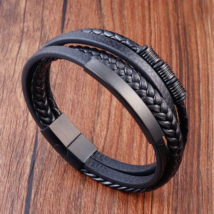 Bracelet Stainless Steel Leather Woven Multi Layer