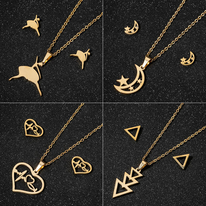 Love heartbeat electrocardiogram earrings necklace set, geometric star moon triangle pendant jewelry