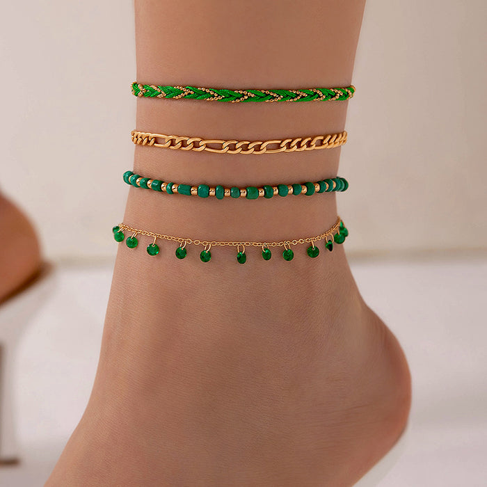 Green Rhinestone Tassel Anklet Set - Multilayer Boho Style Jewelry