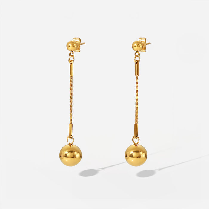 Pendientes colgantes de bola de oro largos minimalistas de alta gama: joyería de acero de titanio y oro de 18 quilates para mujer