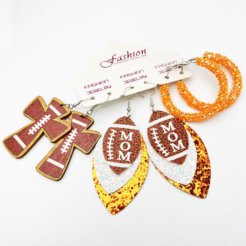 Football Mom Leather Earring Set with Cross and Glitter Hoop Design