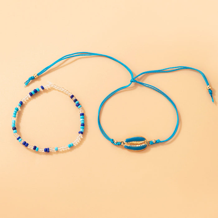 Ethnic Blue Shell Braided Double-Layer Bracelet with Geometric Beads