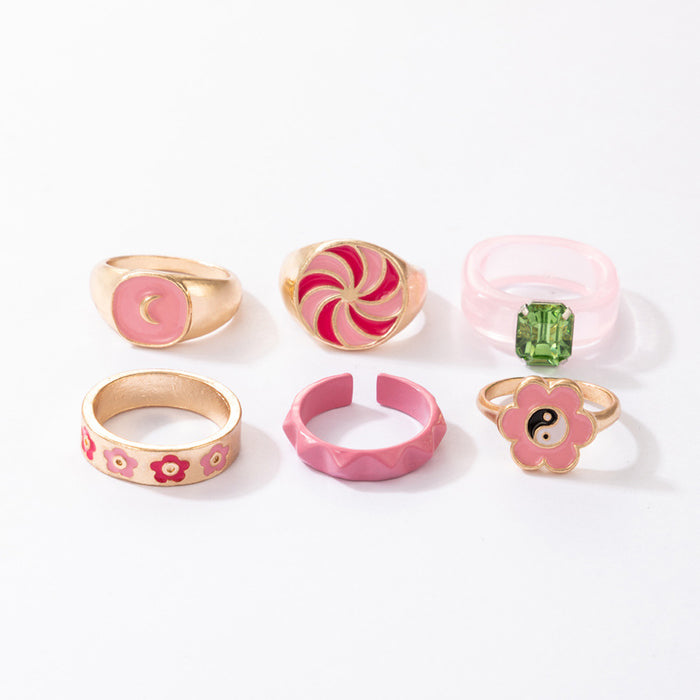 Macaron Acrylic Flower Colorblock 6-Piece Ring Set