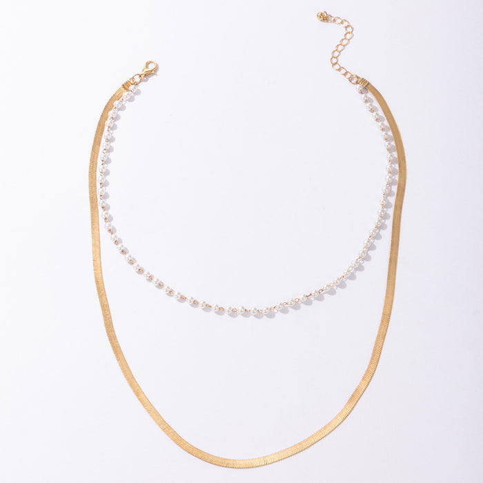 Pearl Beaded Multilayer Necklace - Geometric Snake Bone Chain Set