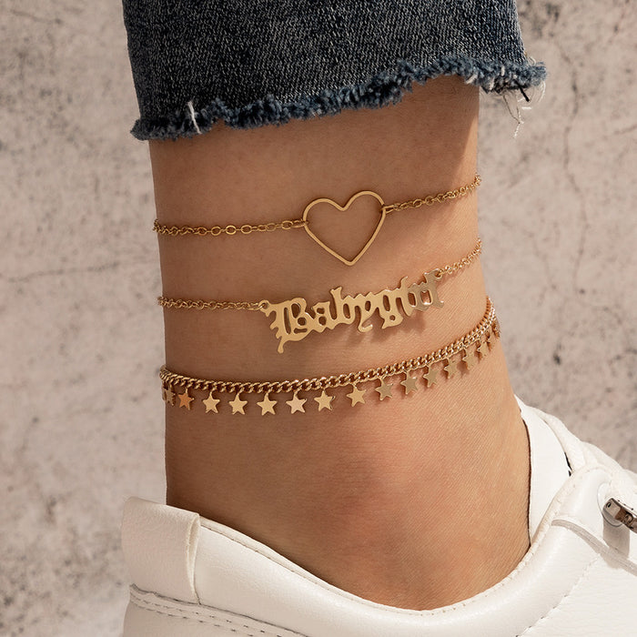 Letter Hollow Heart Triple-Layer Anklet with Star Disc Design