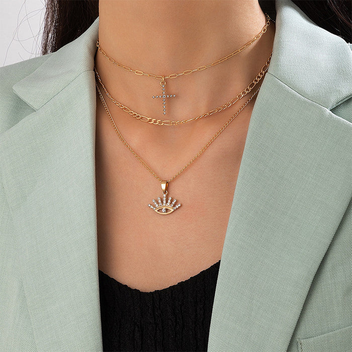 Eye & Cross Pendant Necklace - Gold Multi-Layer Statement Chain