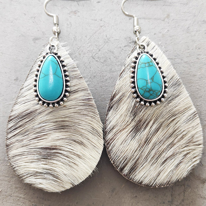 Western Animal Print Cowhide Teardrop Earrings with Turquoise and Metal Accents