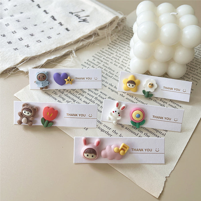 Cute cream flower earrings cartoon bear earrings