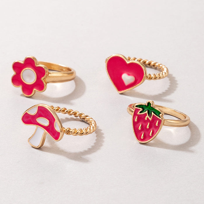 Red Mushroom Flower Strawberry Ring 4-Piece Set