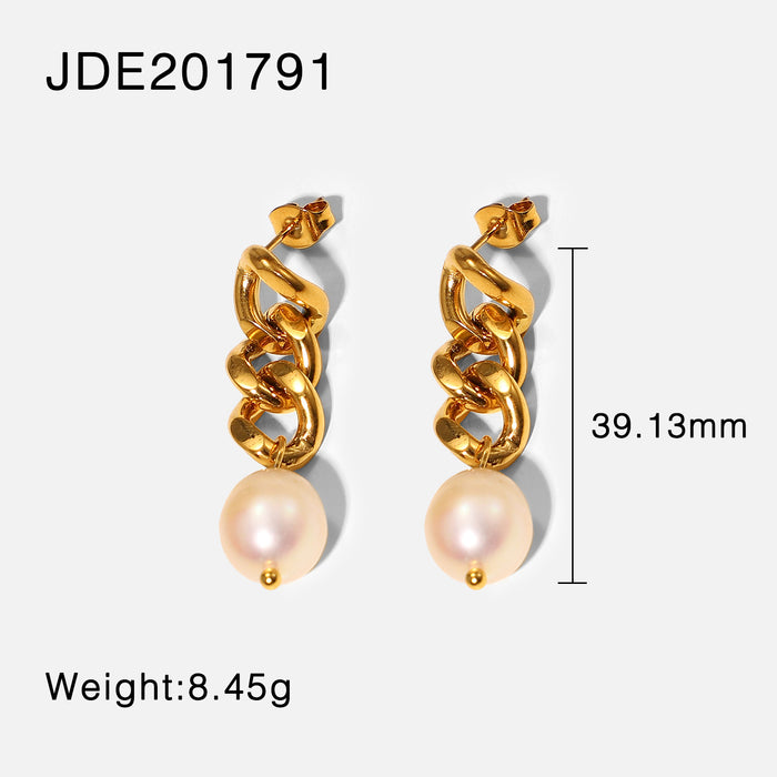 New 18K Gold Plated Baroque Pearl Drop Earrings - Geometric Cuban Link Freshwater Pearl Jewelry