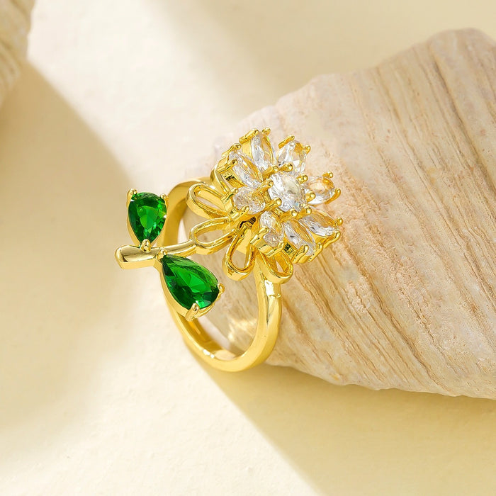 Wholesale sunflower-shaped rotating open ring with zircon setting