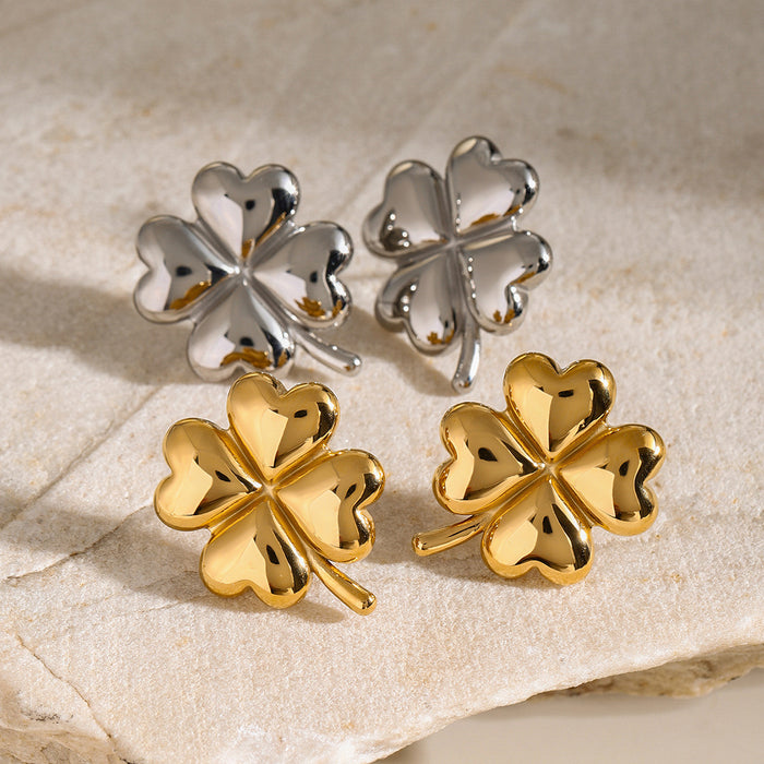 18K Gold Stainless Steel Clover Earrings - Unique Asymmetric Titanium Steel Jewelry