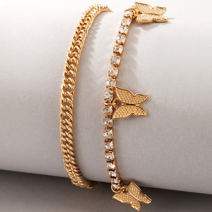 Rhinestone Butterfly Double Layer Anklet with Metal Multi-Layer Chain Set