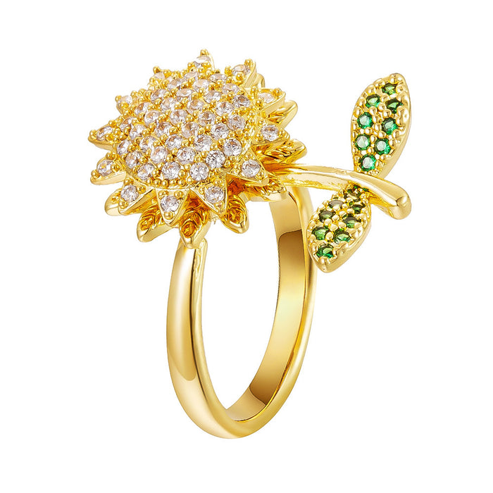 Wholesale copper micro-painted zircon full diamond sunflower rotating open ring