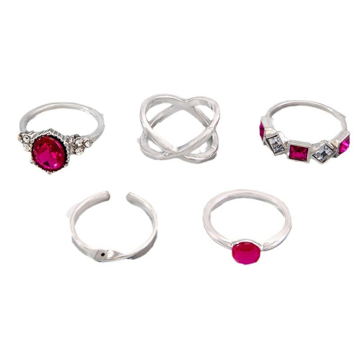 Luxury Gemstone Rhinestone Ring Set - Retro Geometric Open Five-Piece Set