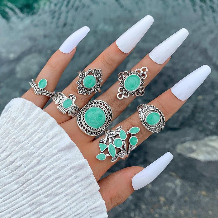 Bohemian Turquoise Leaf Ring Set - 7pcs Vintage Owl Exaggerated Rings