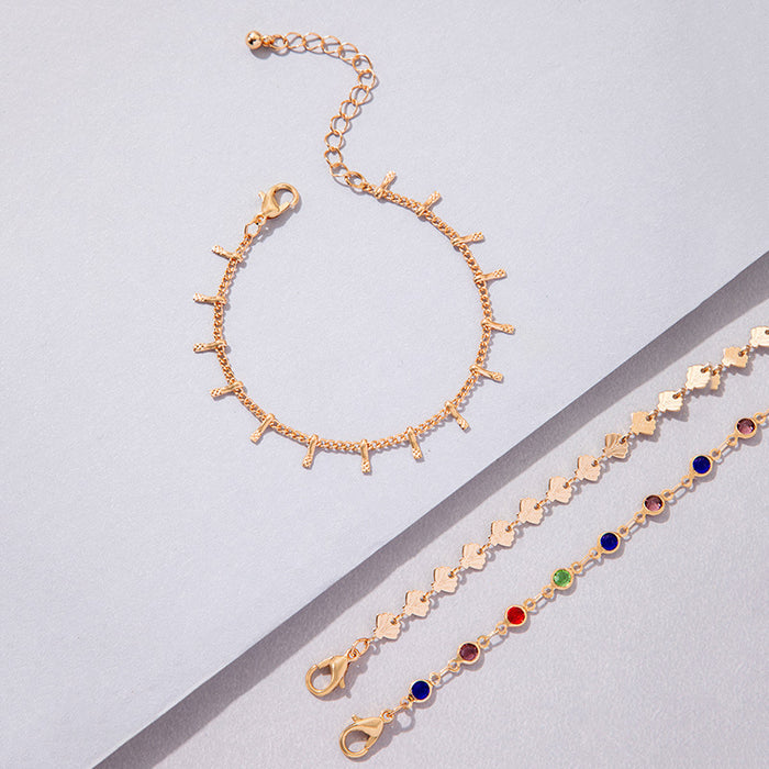 Exaggerated Gold Three-Layer Bracelet Set - Multicolor Stone and Chain Jewelry