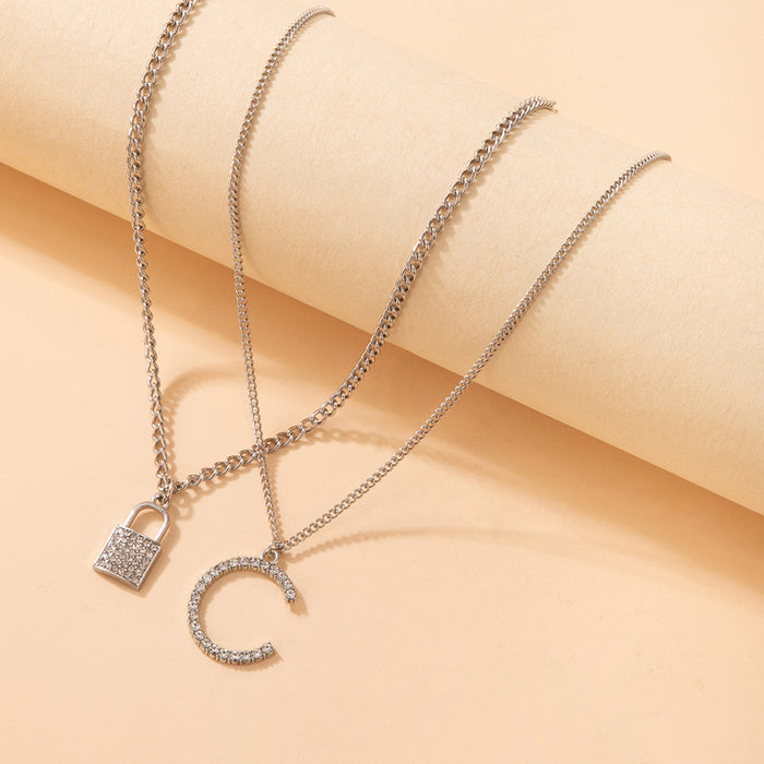 Diamond Lock Double Layer Necklace with Geometric Letter C Pendant