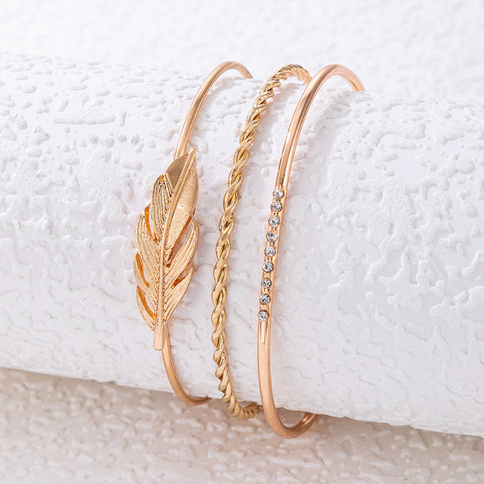 Feather Inlay Multi-Layer Bracelet Set with Geometric Twist Cuff