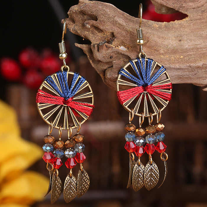 Ethnic Dreamcatcher Handmade Wire Wrapped Tassel Earrings with Vintage Bohemian Style