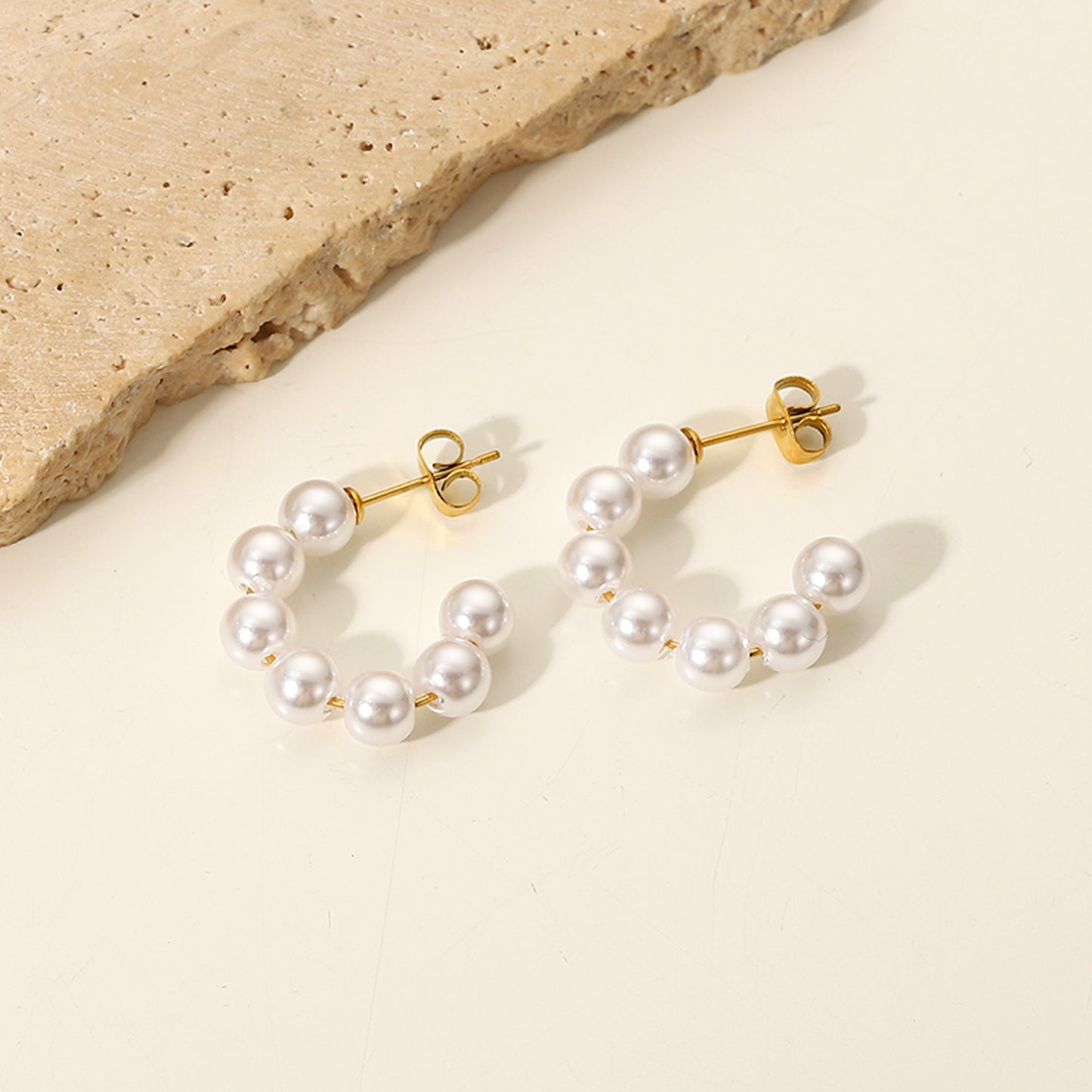 Stainless Steel Large Pearl C-Shaped Earrings - 20mm Pearl Hoops INS Style