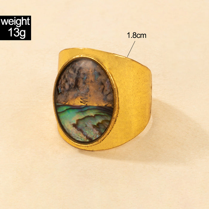 Ethnic alloy oval inlaid ring, irregular colorful shell pattern