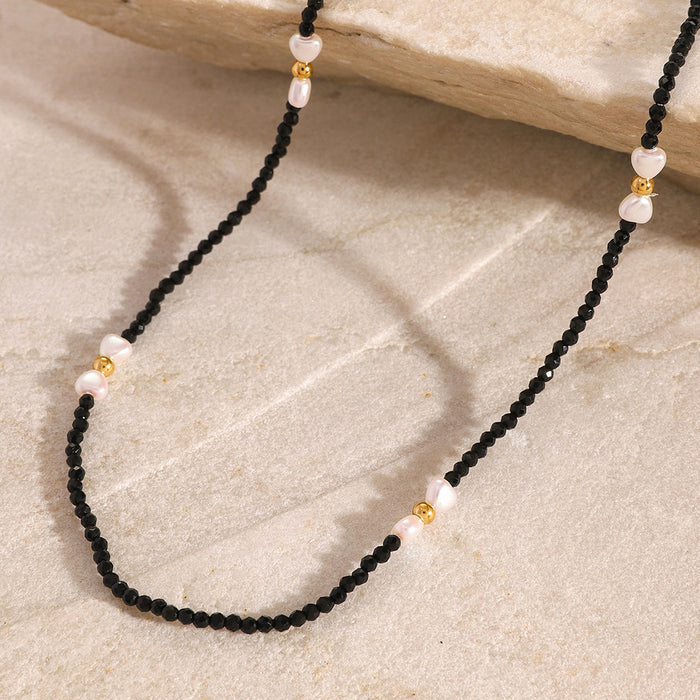 Black beaded pearl clavicle necklace, love titanium steel high-end design