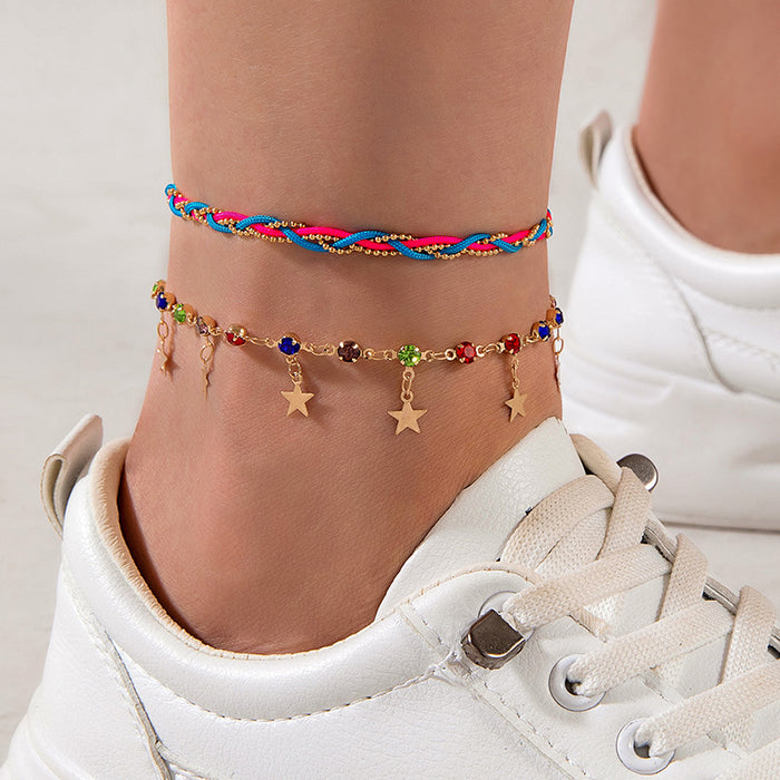 Woven Rope Heart Anklet Set - Multilayer Geometric Jewelry