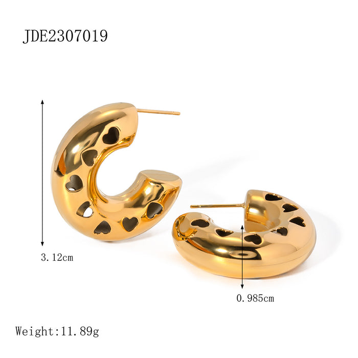 Pendientes de botón con forma de C y corazón hueco de acero inoxidable en oro de 18 quilates con diseño geométrico francés: joyería de alta gama para mujeres