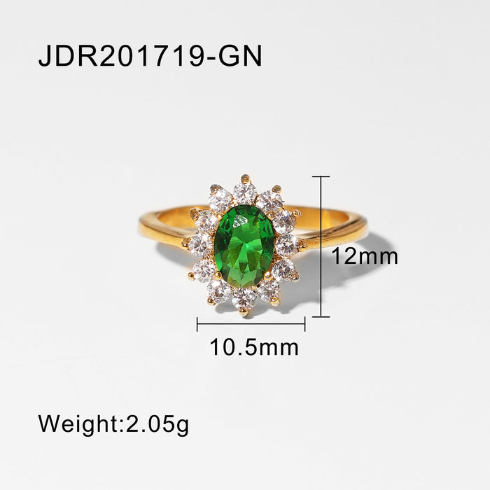 18K Gold Oval Zircon Ring with Double Layer Electroplated Stainless Steel